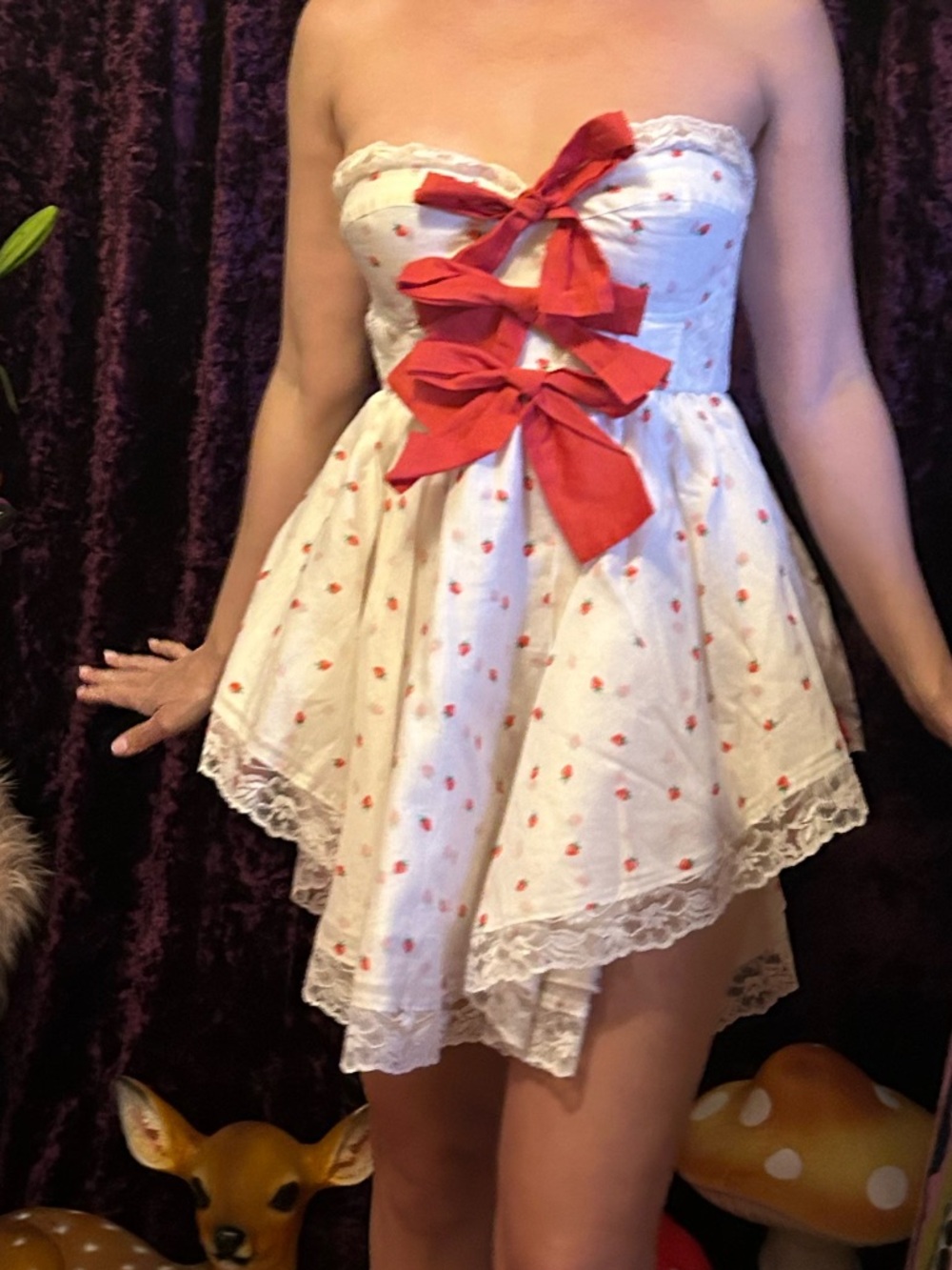 Selkie La Fraise Strapless Dress with Red Bows and Strawberry print + shrug